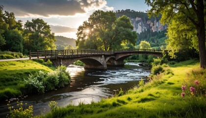 Fototapeta premium A scenic bridge arches over a rushing river, framed by lush green meadows and trees, with a cliff face in the distance. Sunlight shines