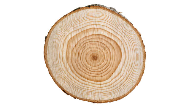 Cross section of a pine tree trunk showing growth rings, isolated on transparent background
