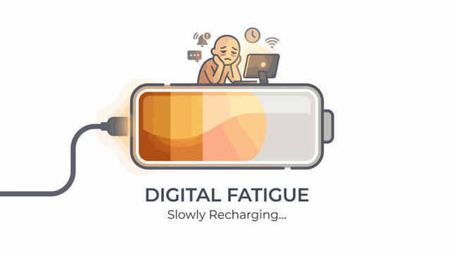 Digital fatigue concept with a person sitting on a battery