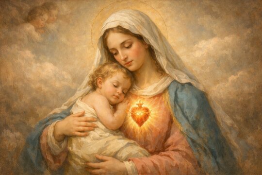 Virgin mary holding baby jesus sacred heart religious painting style spiritual christian art