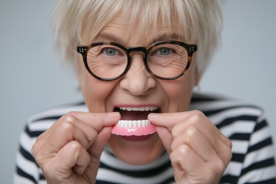 Funny Senior Woman with Glasses Making a Face While Inserting Dentures