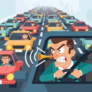 An angry driver honks his horn while stuck in a heavy, congested city traffic jam