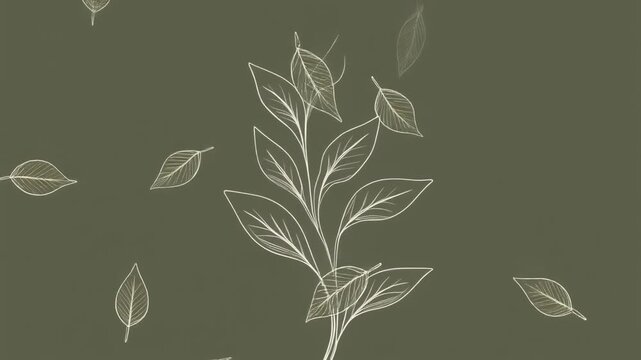 Digital botanical illustration of leaves and a plant stem with white outline on an olive-green background