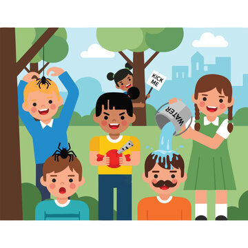 Diverse children playing pranks and having fun together in a sunny city park area
