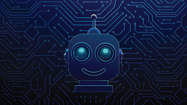 Friendly robot head floats above a complex circuit board pattern