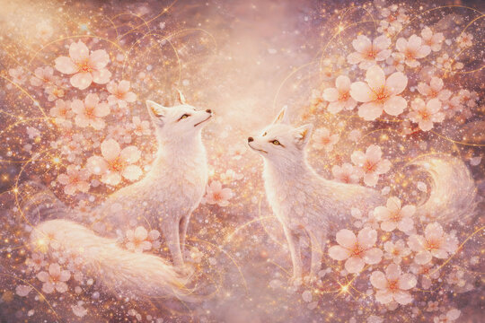 Magical White Fox Pair Surrounded by Cherry Blossoms &ndash; Enchanting Japanese Fantasy Illustration