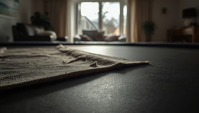 A detailed look at a worn trampoline surface with notable damage.