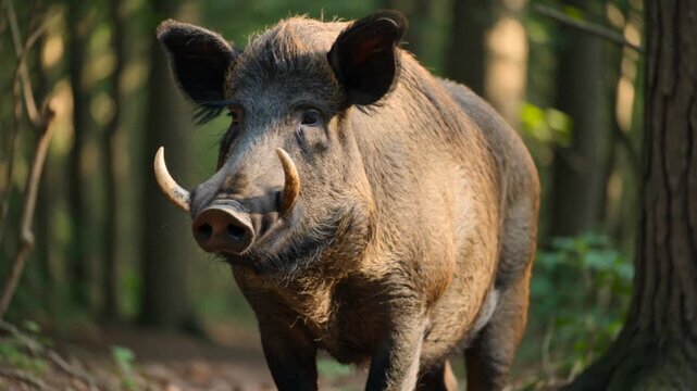 Wild boar in forest, close-up portrait of a large tusked animal in nature