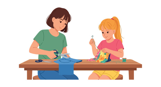 A mother and daughter sitting at a wooden table sewing and cutting fabric craft