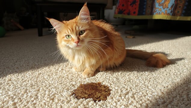 Adorable feline by damp area on rug