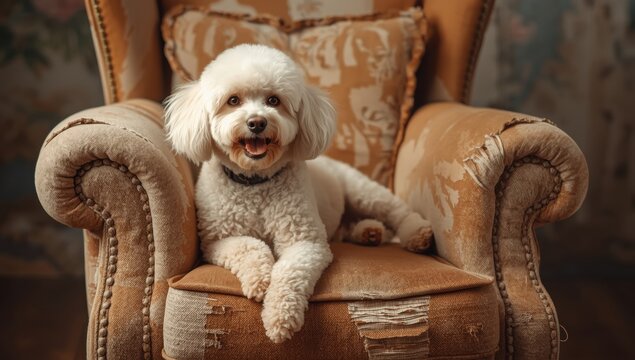 Adorable joyful Poodle lounging on a torn cozy armchair, blank area.