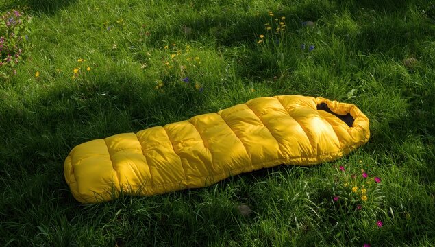 Bedroll spread on vibrant grass.