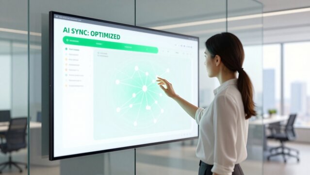 A professional businesswoman interacting with a large digital touch screen displaying data optimization in a modern glass office environment