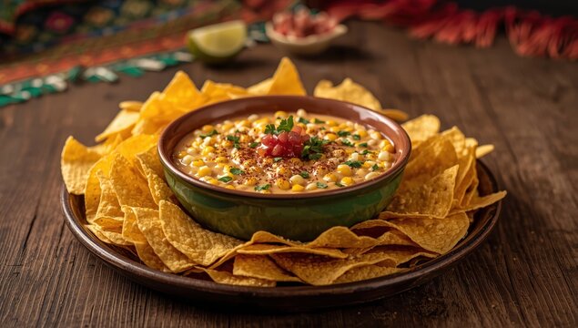 Bowl of elote dip with tortilla chips. Latin American dish.