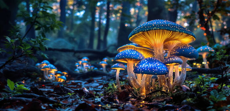 Pilze im Wald bei Nacht, leuchtende blaue Fantasiepilze mit goldenem Gl&uuml;hen am Waldboden