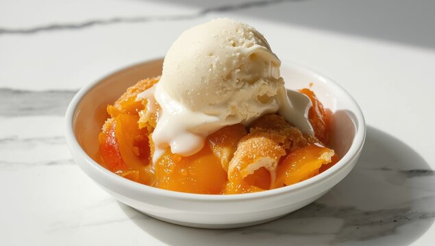 Bowl of peach cobbler topped with ice cream, set on a white marble surface.