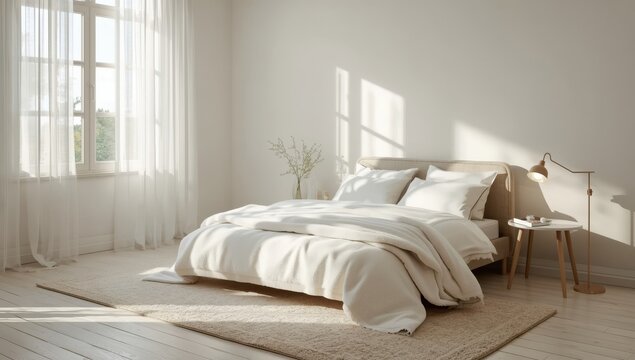 Bright bedroom featuring a spacious double bed and light-colored pillows.