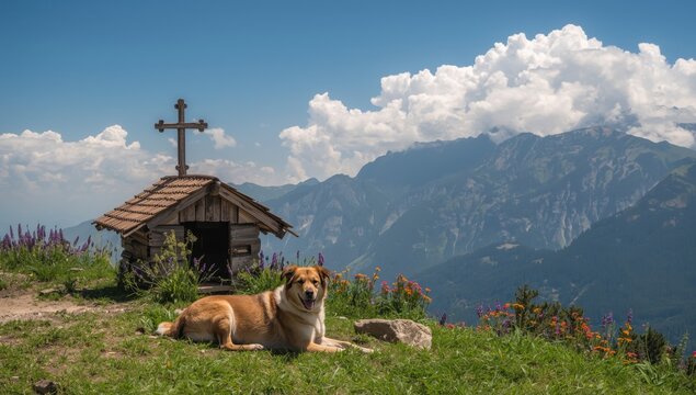 Canine Relaxing by Mountain Altar Near Gergeti Trinity Church in Georgia