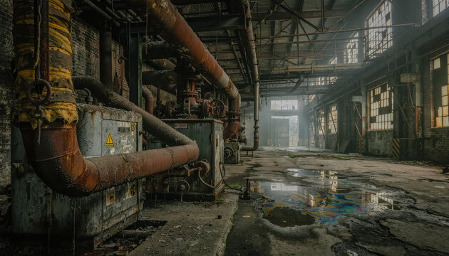 Abandoned factory industrial pipe derelict warehouse rusty machinery broken window global energy crisis inside decaying plant with puddle