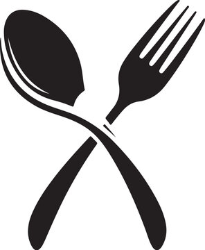 Simple black spoon and fork crossed on white background