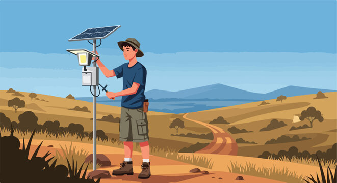 A young person wearing a hat installs a solar light pole in a rural landscape
