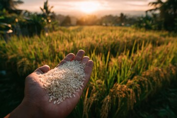 Obraz premium Golden Sunset Over Handful of Rice