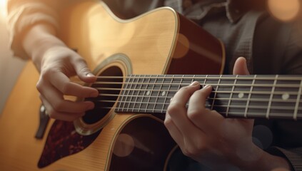 Fototapeta premium Close-up of a guitarist's hands on an acoustic guitar with space for text.