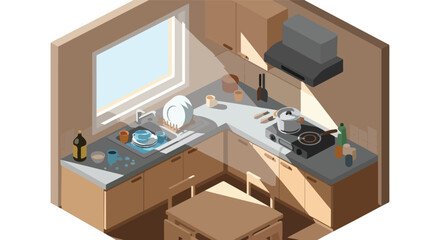 Naklejka premium An isometric view of a sunlit kitchen interior with dishes and cooking tools