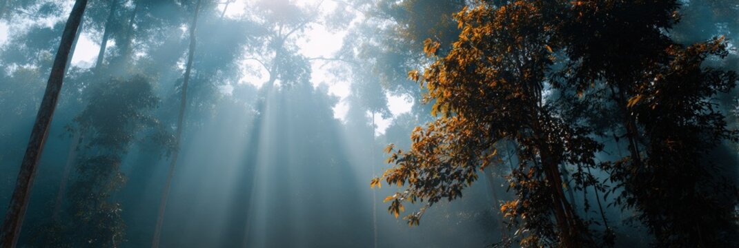 Sunbeams piercing an ancient rainforest with golden leaves and dramatic rays streaming through misty tree crowns and hanging vines