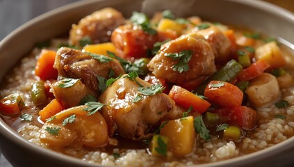 Fototapeta premium Close-up of chicken and vegetable ptitim stew. Traditional Israeli dish.