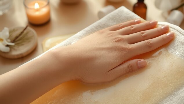 Close-up of a woman receiving paraffin treatment for her hands during a spa manicure.