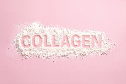 word collagen written in white powder on a pink background. Beauty and skincare product advertisement concept. Natural ingredient supplement for skin health, youth and anti aging therapy