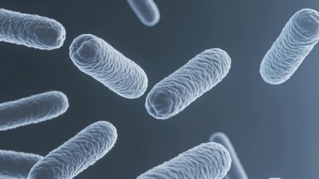 Microscopic Bacteria Cells Floating in Blueish Grey Background, Medical Science Concept