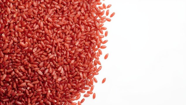 Close-up of red rice on a white background.