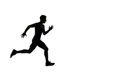 Obraz premium Silhouette of a male runner in motion, isolated on a white background, representing speed and athleticism.