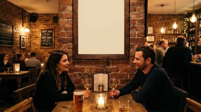 A cozy bar interior with a blank poster and warm lighting features wooden furniture and brick walls, soft shadows enhancing depth and atmosphere, photorealistic, cinematic shot, warm lighting,