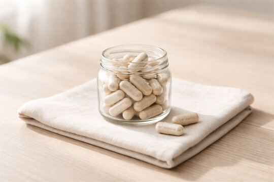 glass jar with herbal supplement capsules on white cloth. Organic vitamin pill for health and wellness. Natural nutrition and dietary medicine concept for healthy lifestyle support