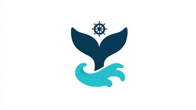 Stylized whale tail over wave, with a nautical steering wheel