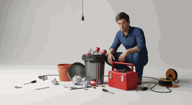A thoughtful man in blue clothes sits by a trash can and red tool box on floor