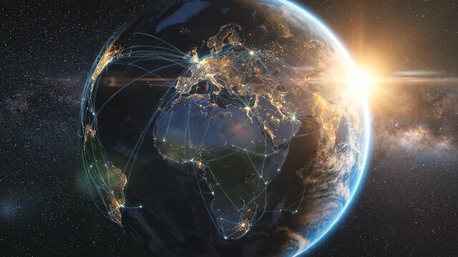 Planet Earth seen from space at night with glowing city lights and digital network lines spanning continents, sunrise edge illuminating atmosphere, deep space background with stars, cinematic cosmic