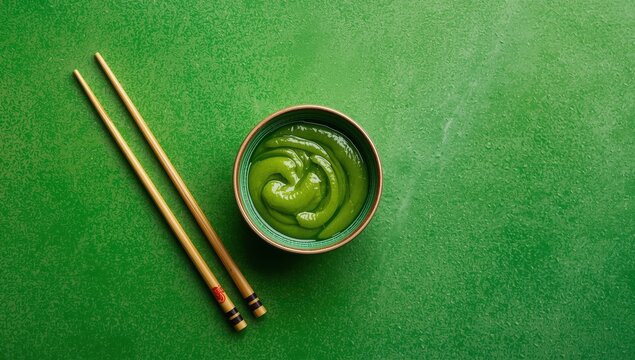 Green backdrop with wasabi paste and chopsticks.