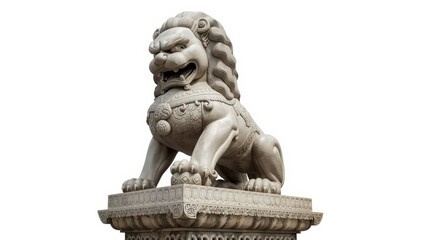 Fototapeta premium Isolated Chinese lion statue on white background with clipping path.