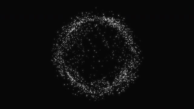 Abstract glowing white particle sphere with scattered light dots forming energy field digital futuristic structure on dark background with depth seamless loop animation 4K high resolution