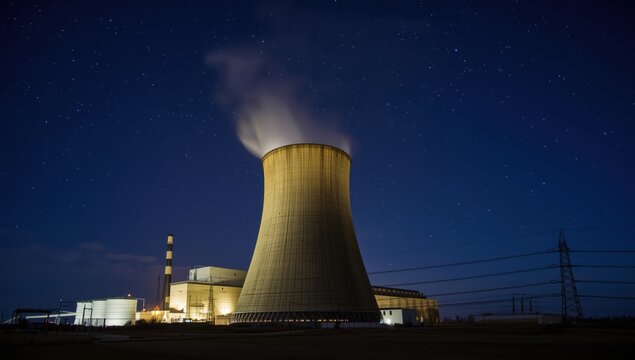 Night scene of a thermal power plant's cooling tower.