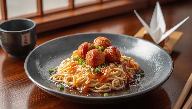 Noodles with takoyaki on top