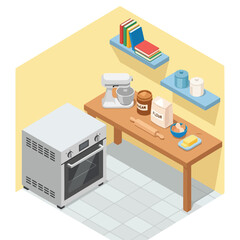 Naklejka premium Isometric kitchen scene with oven, wooden table, and baking ingredients on shelves