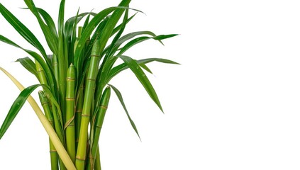 Obraz premium Raw and peeled sugarcane stalks with leaves on white background.