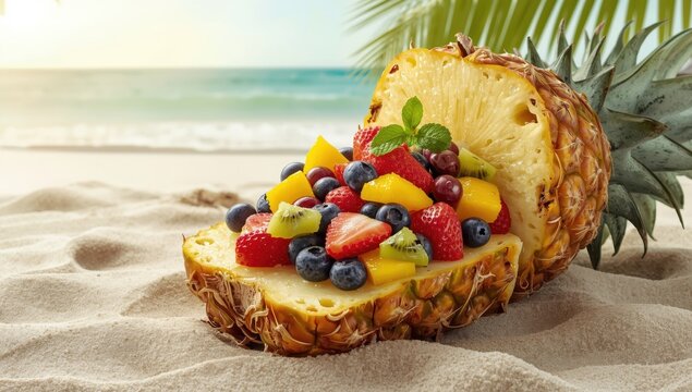 Pineapple filled with assorted fruits.