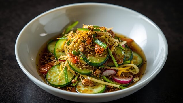 Popular pickled cucumber salad with soy sauce, sesame oil, and spices.