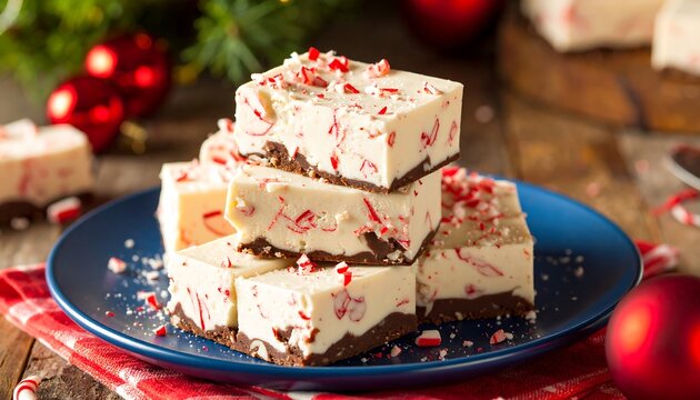 Festive stack of fudge squares, adorned with peppermint candy, sits on a blue plate, amidst holiday decorations
